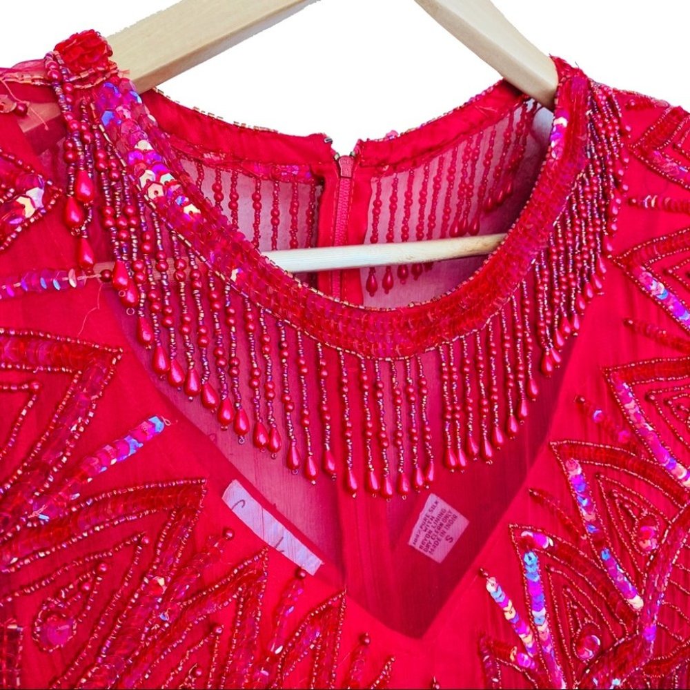 VTG 100% Silk 80s Fringed Beadwork Flapper Dress S - Picture 9 of 15